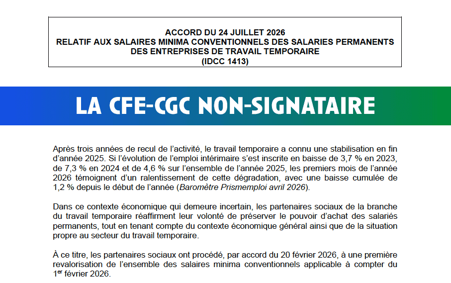 Salaires minima dans le travail temporaire : la CFE-CGC non-signataire